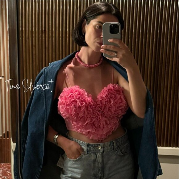 BLOGGER'S FAVE! Zara Voluminous Heart Crop Top Pink NWT - Picture 5 of 16